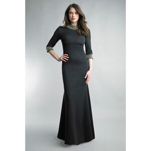 NWT Basix Black Label 3/4 Sleeve Embellished Crystal Mermaid Gown Black Size 10